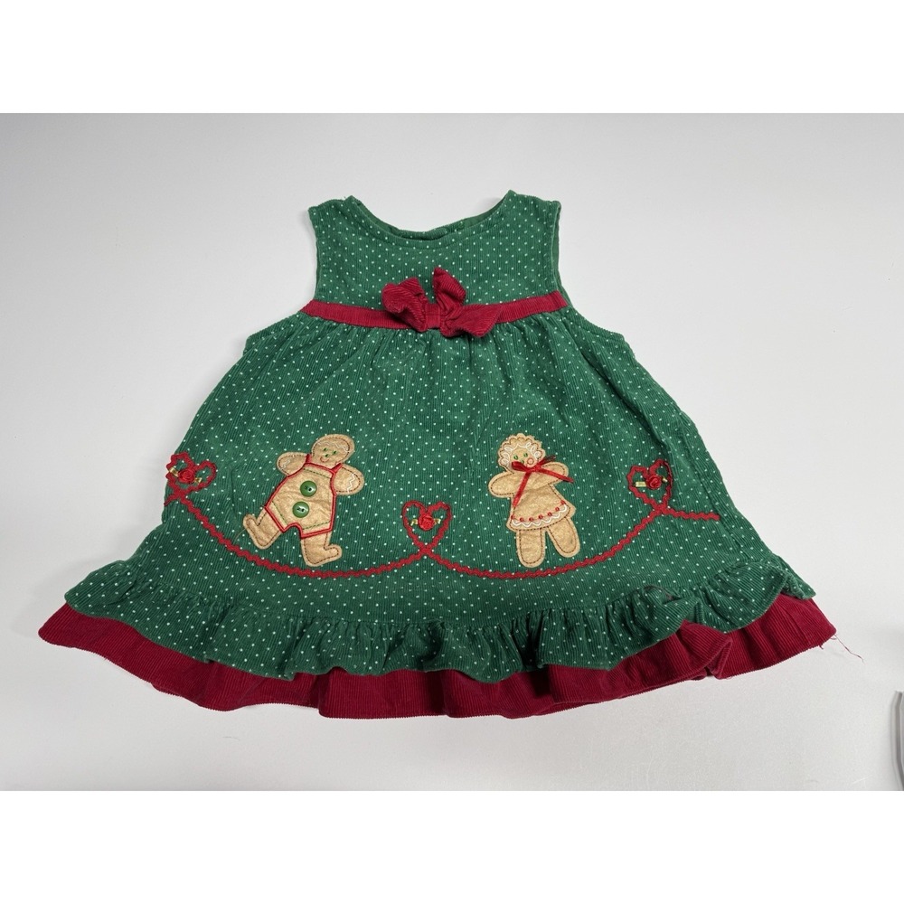 Vtg‎ RARE TOO Green Corduroy Jumper Dress Set Gingerbread Heart Christmas 12 M